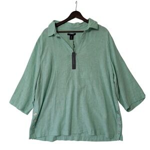 Tahari Linen Blend Top Button Detail 3/4 Sleeve‎ Collared 1X Mint Green Pull-On